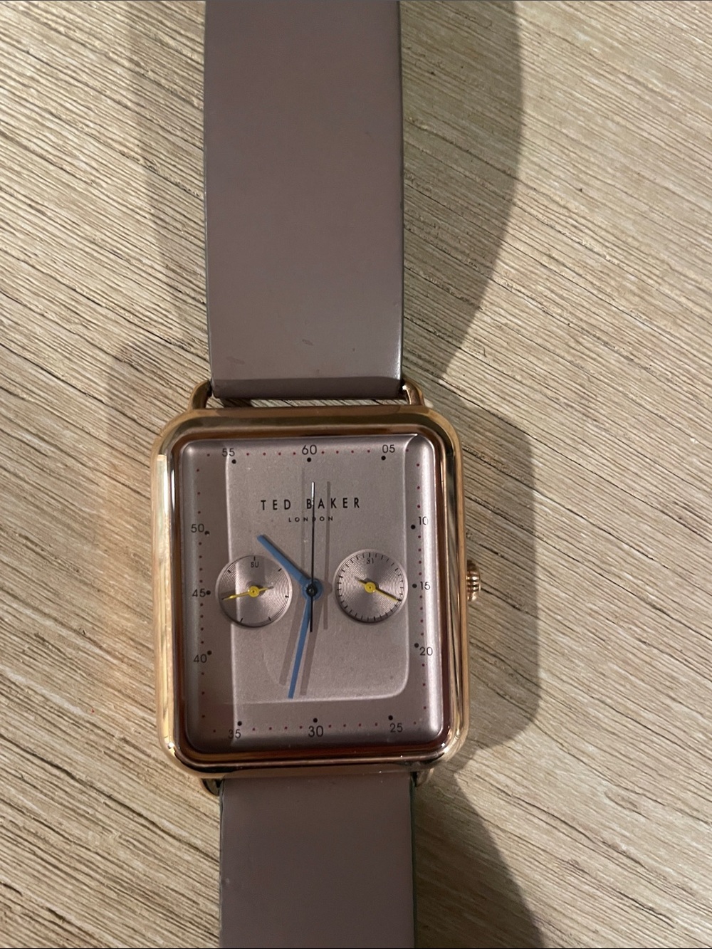 Ted Baker Gold-Tone Square Watch with Taupe Strap and Blue Hands